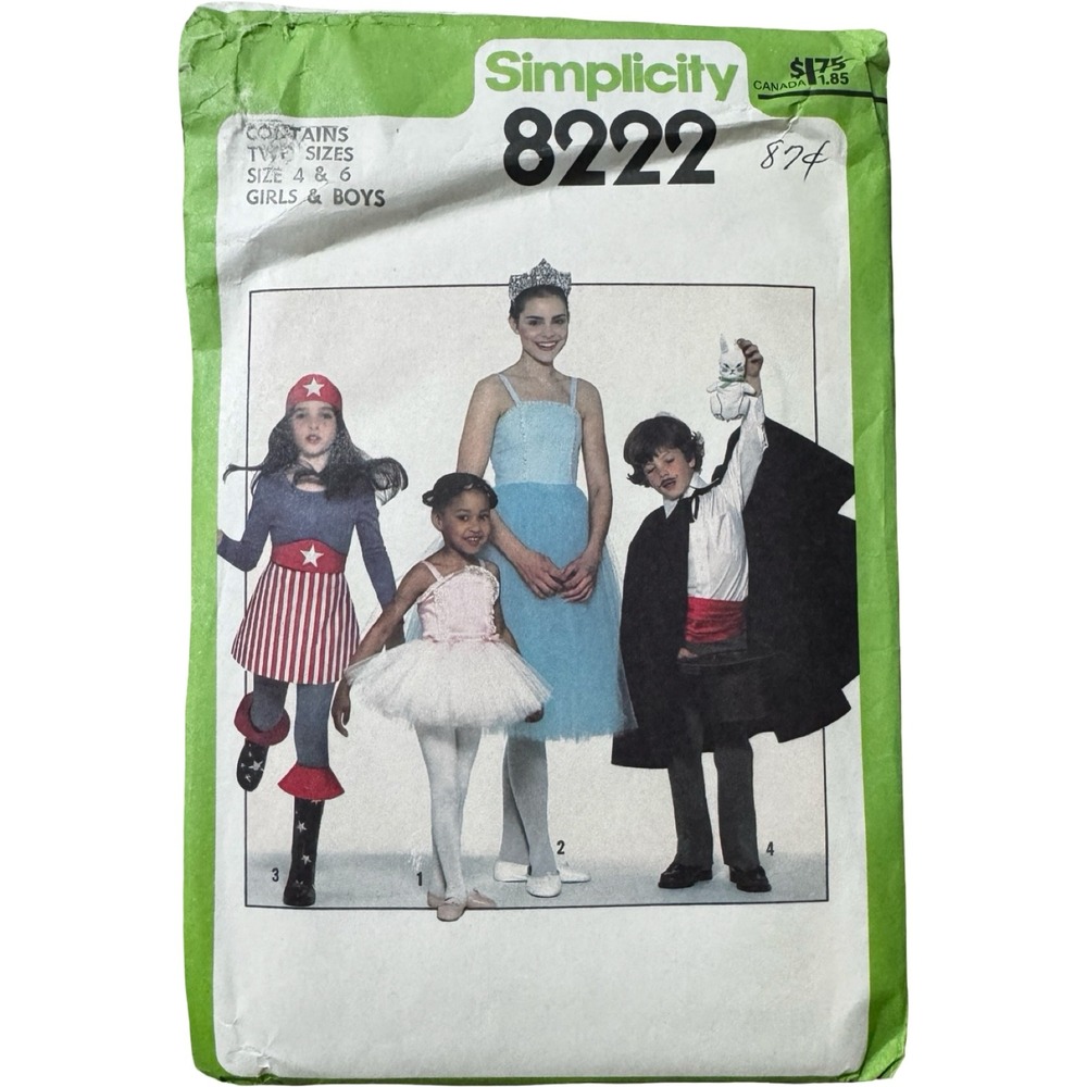 Simplicity‎ 8222 Costume Sewing Pattern Kids Size 4 6 1977 Vintage Uncut
